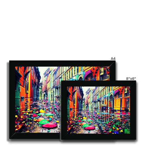Art Print plate set with colorful photographs hanging in front of television set