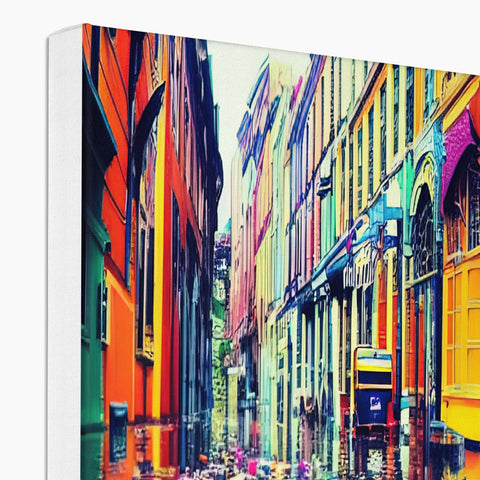 Art print with people walking down a city street.