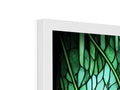 A flat glass TV with white, silver and green backlit backgrounds on the front of