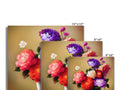 A vase with all types of flowers in it are arranged on different cards.