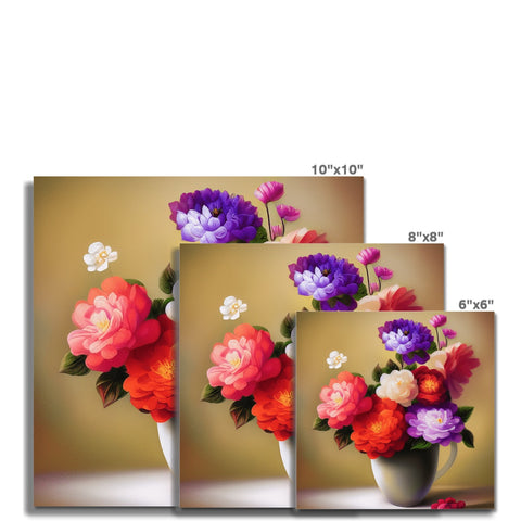 A vase with all types of flowers in it are arranged on different cards.