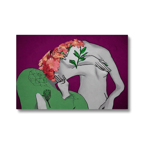 Art print of flowers showing two couples in a picture holding flowers sitting together.