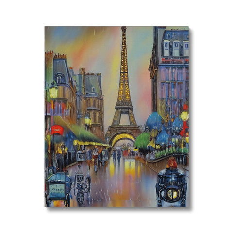 A black framed picture of Paris, Paris and the Eiffel tower in front of