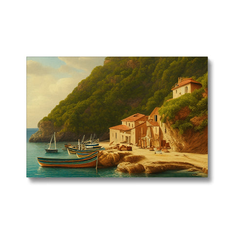 Art print from a view of a harbor island with sailboats and some ships.