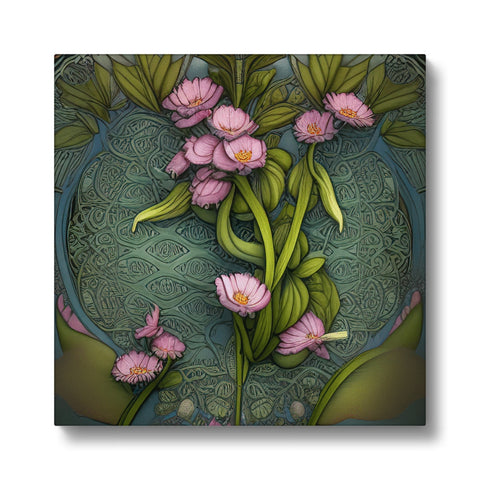 A green and purple floral art print on a square square of ceramic tile.
