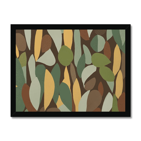A large art print hanging on a wall with various colors and leaves.