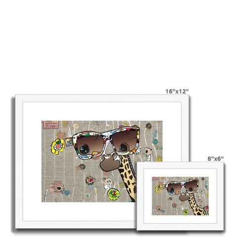 A giraffe picture frame with some pretty pictures and a pair of sunglasses hanging off a