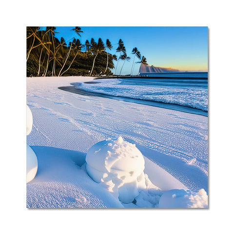 A snowy landscape with grass, snow, ice and a snow girl at a beach.