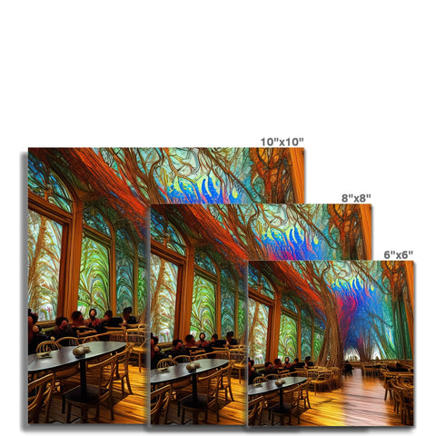 A photo window that has a wooden panorama of trees surrounded by light blue and green
