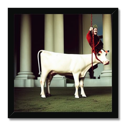 a white cow on top of a stall with red manure and a black background