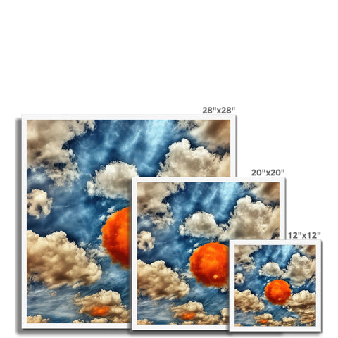 A group of three images stacked on top of a wall with clouds around them.
