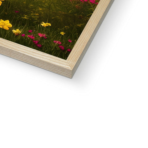 A picture frame with a picture of a man walking across a field with flowers inside.