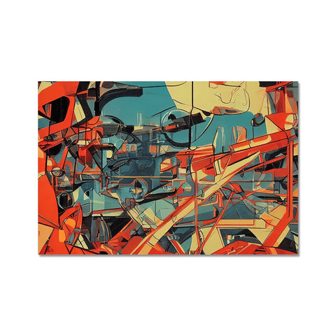 An art print hanging on a red wall with a bunch of different colors.