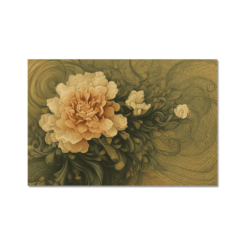A place mat with a decorative gold foil with a white flower.