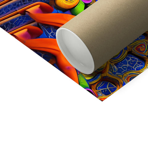 A toilet roll sitting on top of paper roll with various colors and sizes and shapes.