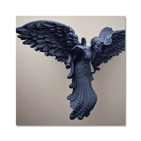 A statue of an eagle on a piece of white granite next to other metal wall art