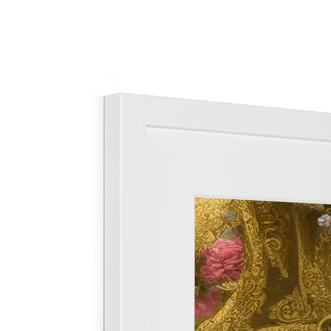 A large photograph with two gold roses looking into a picture frame.