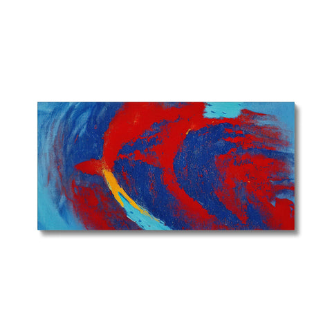 A colorful and abstract painting of a surfer on top of a small surfboard and