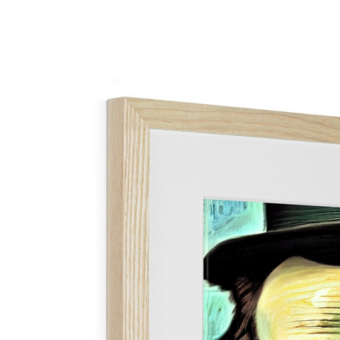 An image of wood framed artwork with a picture sitting on top of it
