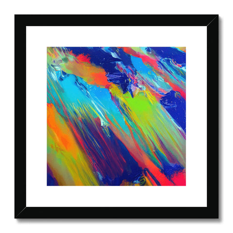 A handpainted framed print of an abstract artwork that hangs on a wooden wall.