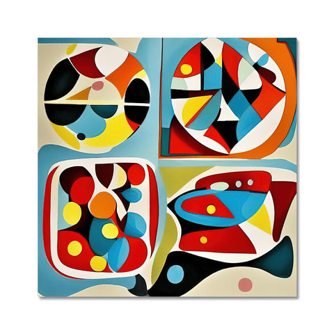A variety of paintings that are hanging on several white wooden tables with colorful shapes.