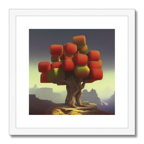 An art print on a small tree top sitting on a grassy mountain top.