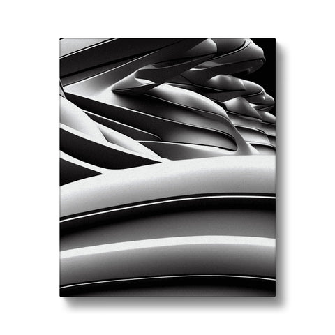An abstract painted art print of a wave on a wall in the room.