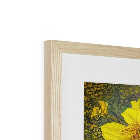 a photo of yellow daffodils in a wooden framed piece of art