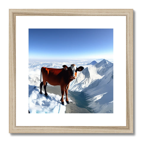 A cow is sitting inside of a wooden frame placed at the top of a picture.