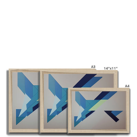 A picture frame with different shapes and color on a wall next to several other items.