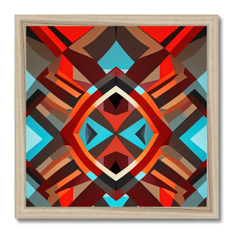 A wooden art print is hanging in a wall frame with a geometric pattern on the bottom