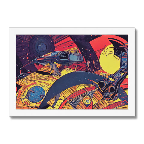 Art print showing several cars in a road with a woman in the back seat.