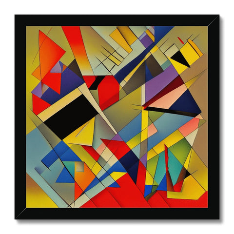 An abstract art painting with geometric design that has squares in different colors.