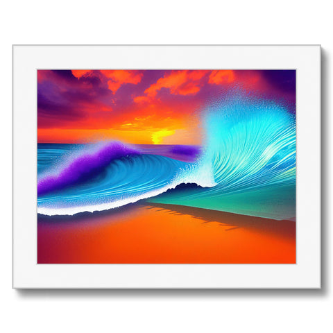Art print that depicts waves and sunrises on a lake in a setting sky.
