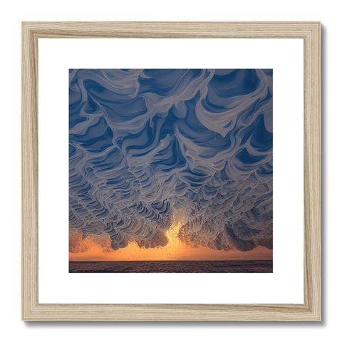 A wooden art print covered with an image of a storm covered ocean surrounded by trees.