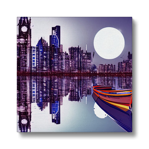 Art print of boats on the water with two people on the side floating.