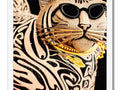 A cat wearing a gold coat on a silver foil background.