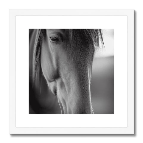 A horse stands for its portrait at the center of a photograph hanging on a table.