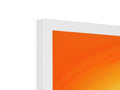 An orange rectangle looking at a TV in front of an orange screen.