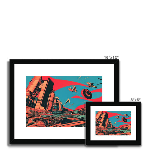 An art print with four airplanes and some other metal and two people hanging out on a