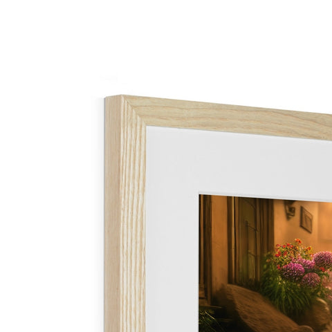 A white picture frame framed in wood with a mirror on top of it