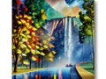 A colorful framed painting with many colored waterfalls in the background.