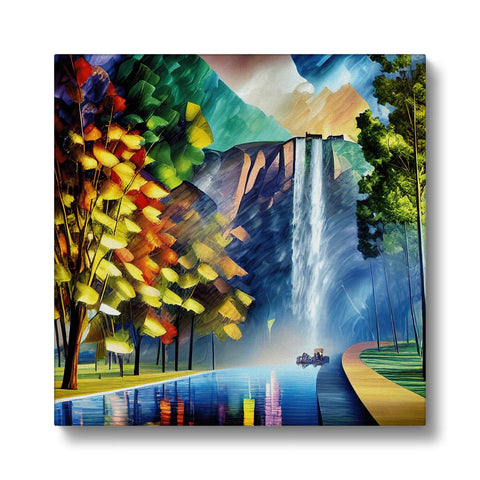 A colorful framed painting with many colored waterfalls in the background.