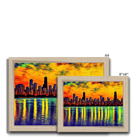Three pictures of the Chicago skyline on a wooden framed picture frame on a wall.