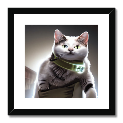 Catch picture of cat in the frame of art print with a gold background.