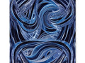 A large painted abstract piece on blue background that is in the shape of waves.