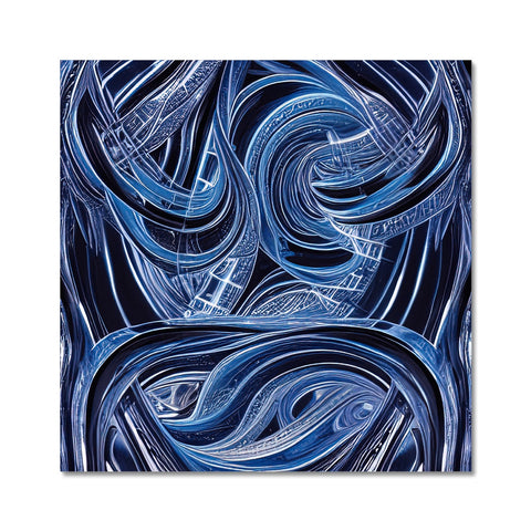A large painted abstract piece on blue background that is in the shape of waves.