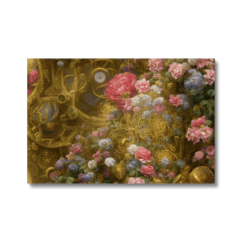 A frame of a painting of flowers with a gold clock, gold foil and some gold