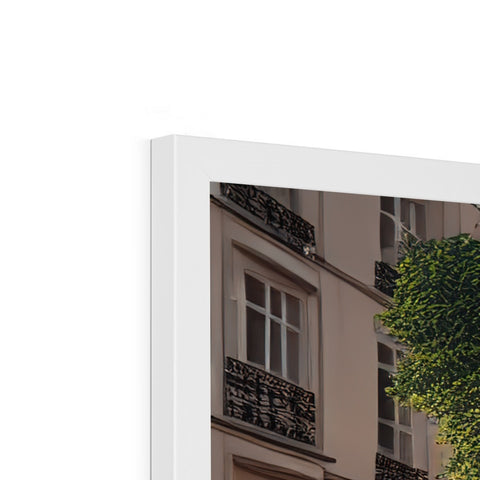 A white print shelf featuring a picture of a building in a window.