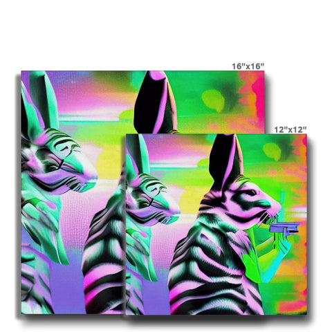 Four zebras and two rabbits standing under a painting of zebrata standing together